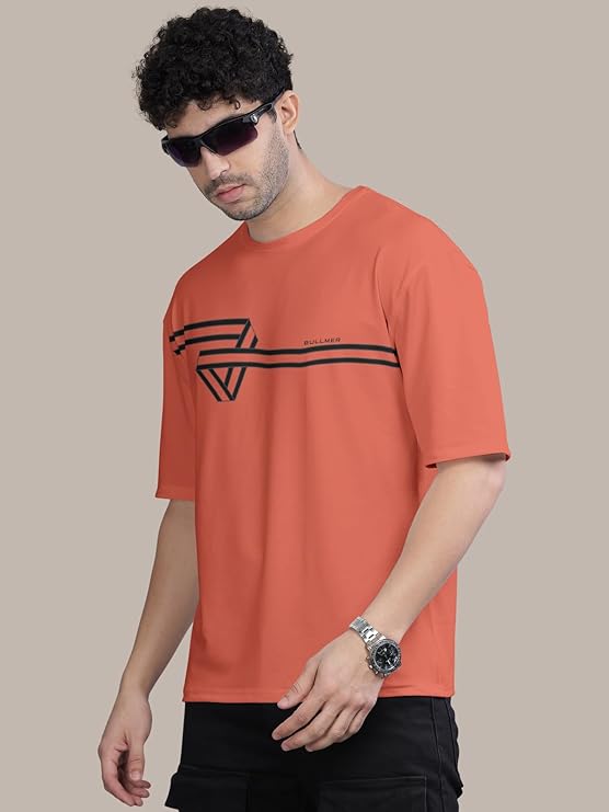 BULLMER Orangre Trendy Front and Back Printed oversized Round Neck T-shirt for men