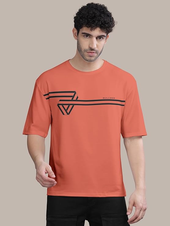 BULLMER Orangre Trendy Front and Back Printed oversized Round Neck T-shirt for men