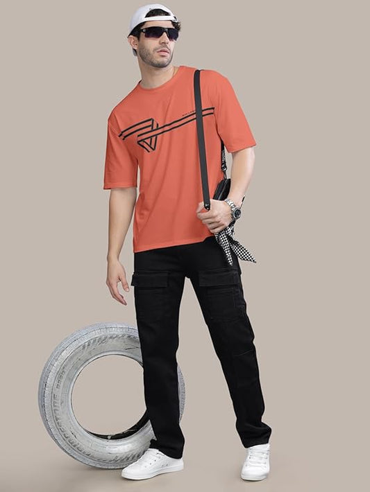 BULLMER Orangre Trendy Front and Back Printed oversized Round Neck T-shirt for men